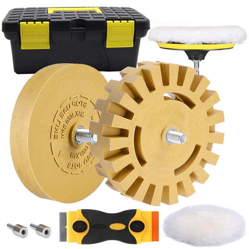 GOH DODD Decal Adhesive Remover, GOH DODD 4 Inch Eraser Wheel Car Sticker Remover with Wool Buffing Pad and Plastic Razor Blades, 8 Pieces - Image 1